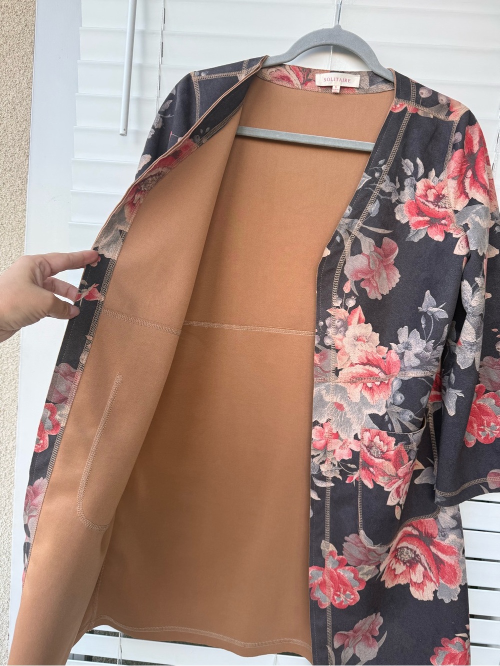 Solitaire Anthropologie Floral Faux Suede Open Front Duster Jacket Coat S Boho - Picture 11 of 13